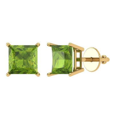 3 ctw Peridot Studs Earrings | 6.5mm Princess Cut White Gold Screw back | August Birthstone