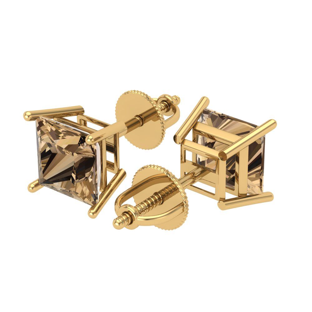 3 ctw Champagne Studs Earrings | 6.5mm Princess Cut White Gold Screw back | April Birthstone