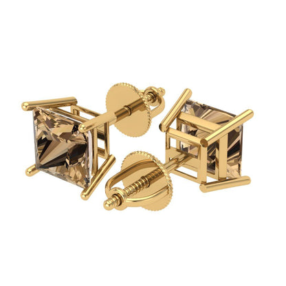 3 ctw Champagne Studs Earrings | 6.5mm Princess Cut White Gold Screw back | April Birthstone
