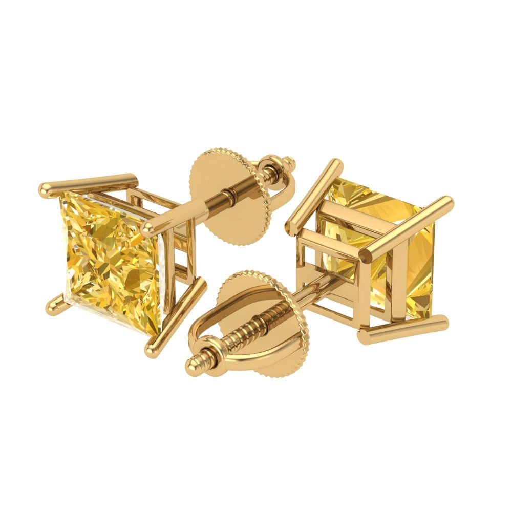 3 ctw Citrine Studs Earrings | 6.5mm Princess Cut White Gold Screw back | November Birthstone
