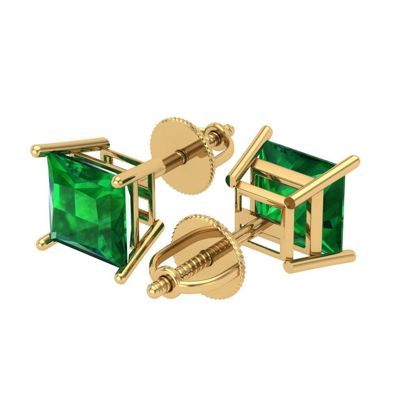 3 ct Brilliant Princess Cut Solitaire Studs Simulated Emerald Stone Yellow Gold Earrings Screw back