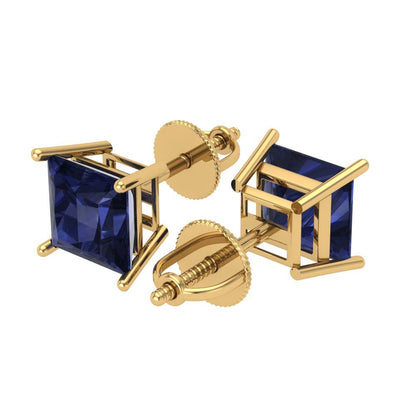 3 ctw Blue Sapphire Studs Earrings | 6.5mm Princess Cut White Gold Screw back | September Birthstone