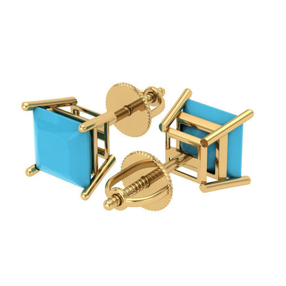 3 ctw Turquoise Studs Earrings | 6.5mm Princess Cut White Gold Screw back | December Birthstone