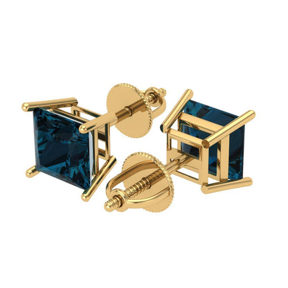 3 ctw London Blue Topaz Studs Earrings | 6.5mm Princess Cut White Gold Screw back | December Birthstone