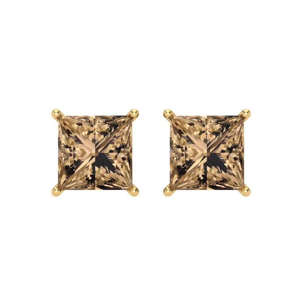 3 ctw Champagne Studs Earrings | 6.5mm Princess Cut White Gold Screw back | April Birthstone