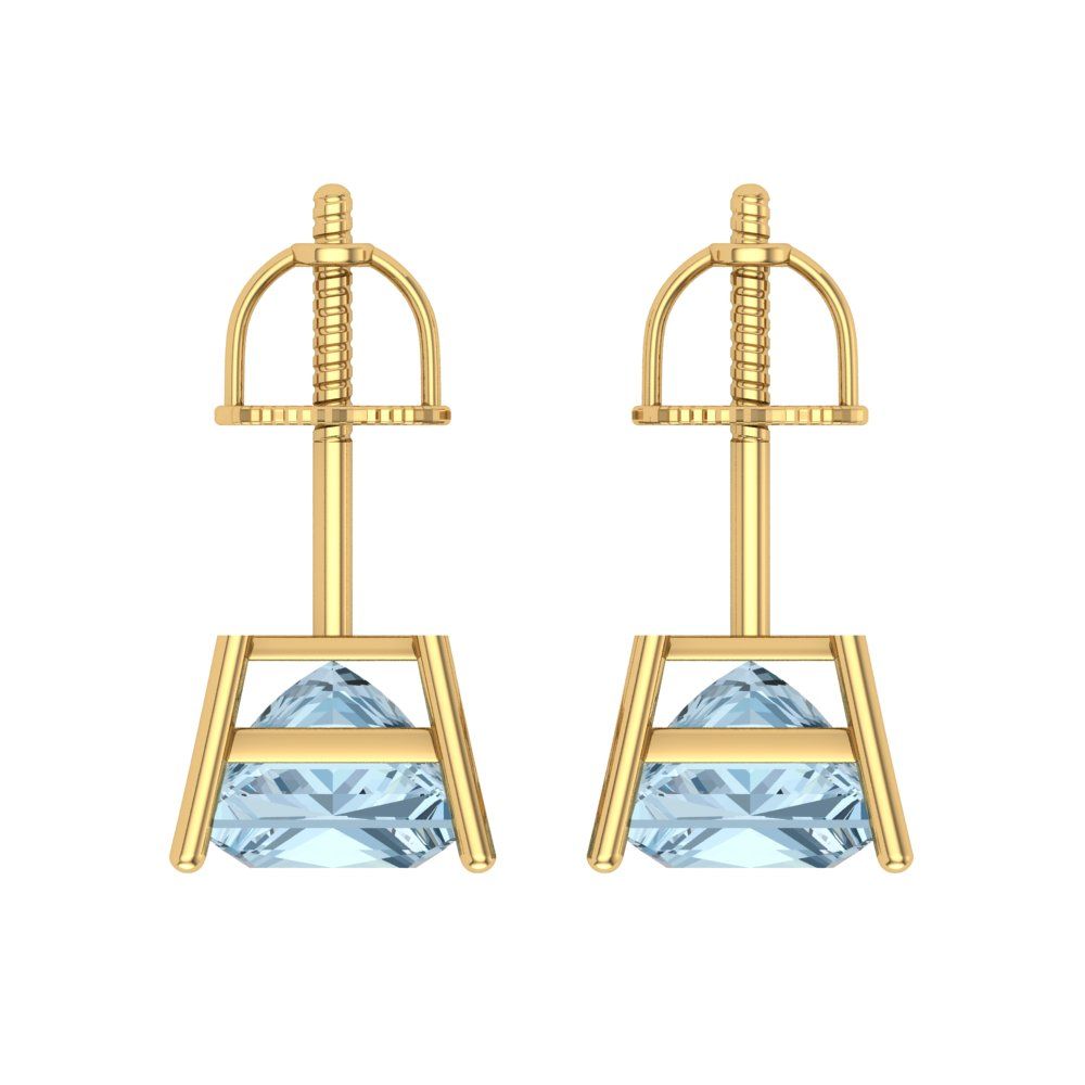 3 ctw Blue Zirconia Studs Earrings | 6.5mm Princess Cut White Gold Screw back | April Birthstone