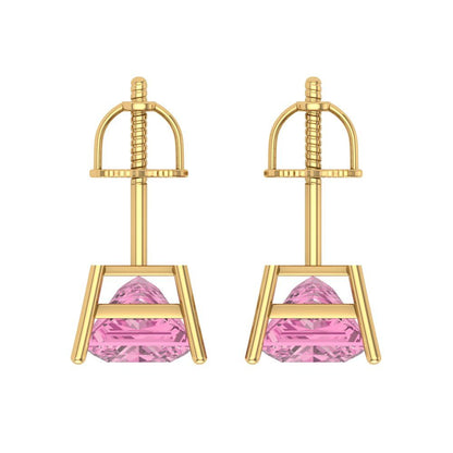 3 ctw Pink Zirconia Studs Earrings | 6.5mm Princess Cut White Gold Screw back | April Birthstone