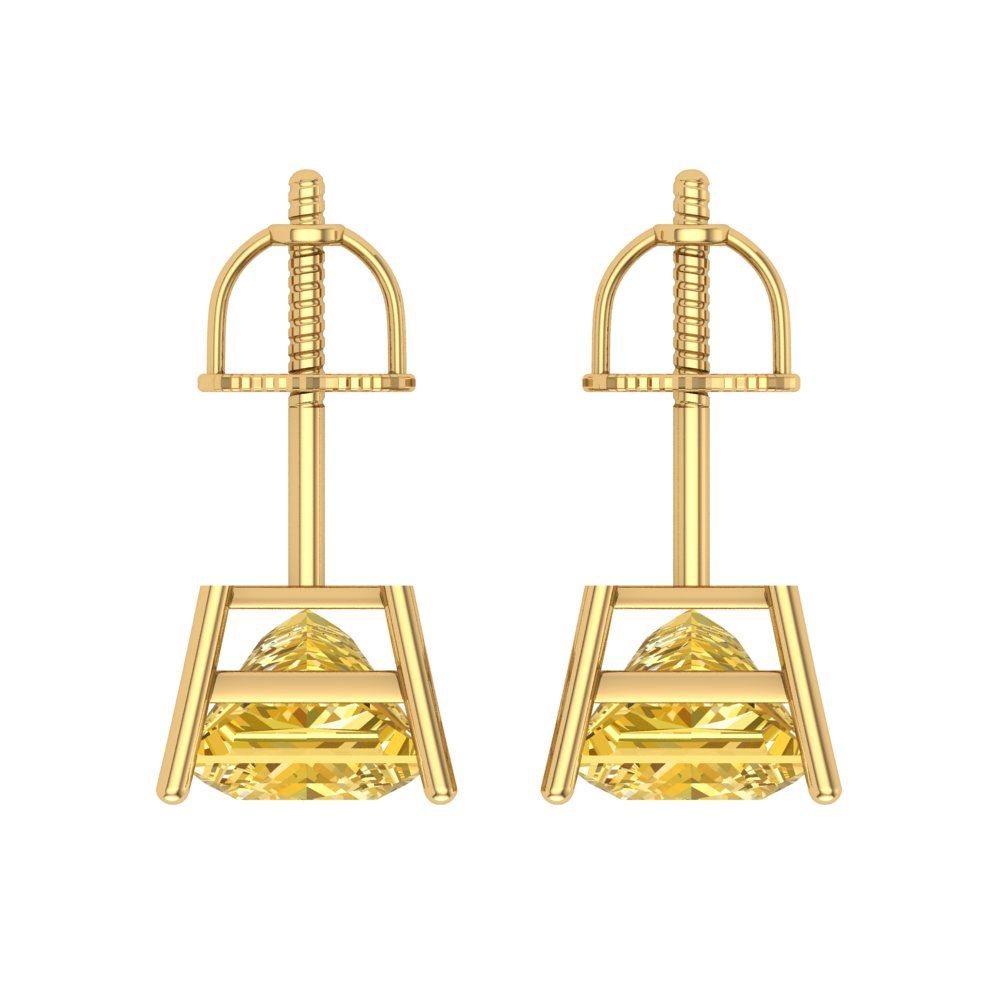 3 ctw Yellow Zirconia Studs Earrings | 6.5mm Princess Cut White Gold Screw back | April Birthstone