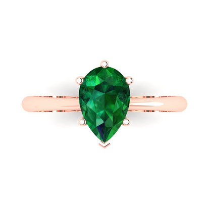 1.5 cttw Simulated Emerald Solitaire  Engagement Ring - Solid Rose Gold (VVS1, Pear Cut,9x6mm)