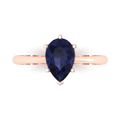 1.5 cttw Simulated Blue Sapphire Solitaire  Engagement Ring - Solid Gold (Pear Cut,9x6mm)