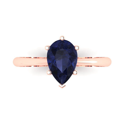 1.5 cttw Simulated Blue Sapphire Solitaire  Engagement Ring - Solid Rose Gold (VVS1, Pear Cut,9x6mm)