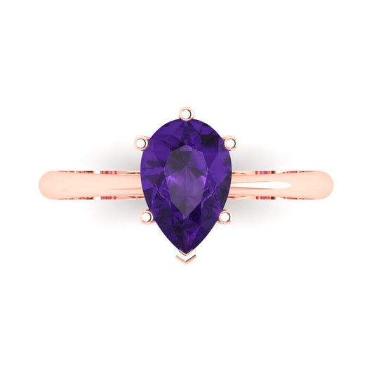 1.5 cttw Natural Amethyst Solitaire  Engagement Ring - Solid Rose Gold (VVS1, Pear Cut,9x6mm)