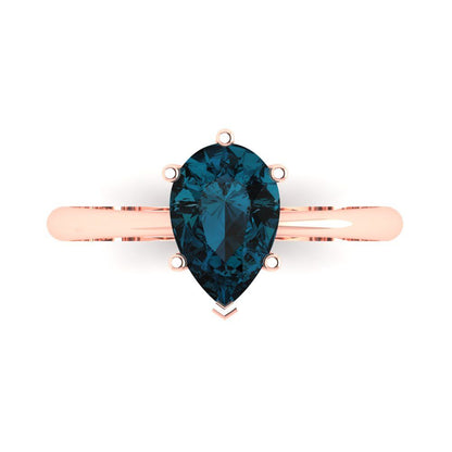1.5 cttw Natural London Blue Topaz Solitaire  Engagement Ring - Solid Gold (Pear Cut,9x6mm)