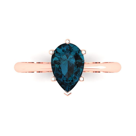 1.5 cttw Natural London Blue Topaz Solitaire  Engagement Ring - Solid Rose Gold (VVS1, Pear Cut,9x6mm)