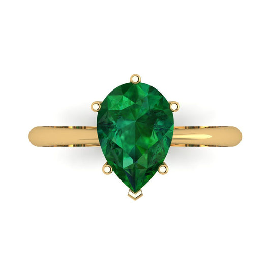 2 cttw Simulated Emerald Solitaire  Engagement Ring - Solid Yellow Gold (VVS1, Pear Cut,10x7mm)