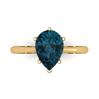2 cttw Natural London Blue Topaz Solitaire  Engagement Ring - Solid Gold (Pear Cut,10x7mm)
