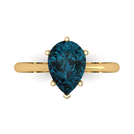2 cttw Natural London Blue Topaz Solitaire  Engagement Ring - Solid Yellow Gold (VVS1, Pear Cut,10x7mm)