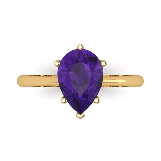 2 cttw Natural Amethyst Solitaire  Engagement Ring - Solid Yellow Gold (VVS1, Pear Cut,10x7mm)