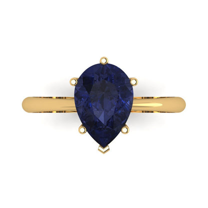 2 cttw Simulated Blue Sapphire Solitaire  Engagement Ring - Solid Gold (Pear Cut,10x7mm)