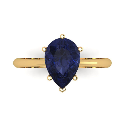2 cttw Simulated Blue Sapphire Solitaire  Engagement Ring - Solid Yellow Gold (VVS1, Pear Cut,10x7mm)
