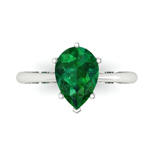 2 cttw Simulated Emerald Solitaire  Engagement Ring - Solid White Gold (VVS1, Pear Cut,10x7mm)