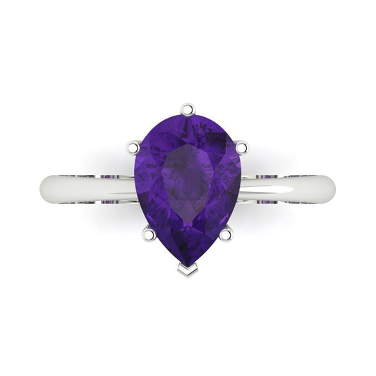 2 cttw Natural Amethyst Solitaire  Engagement Ring - Solid White Gold (VVS1, Pear Cut,10x7mm)
