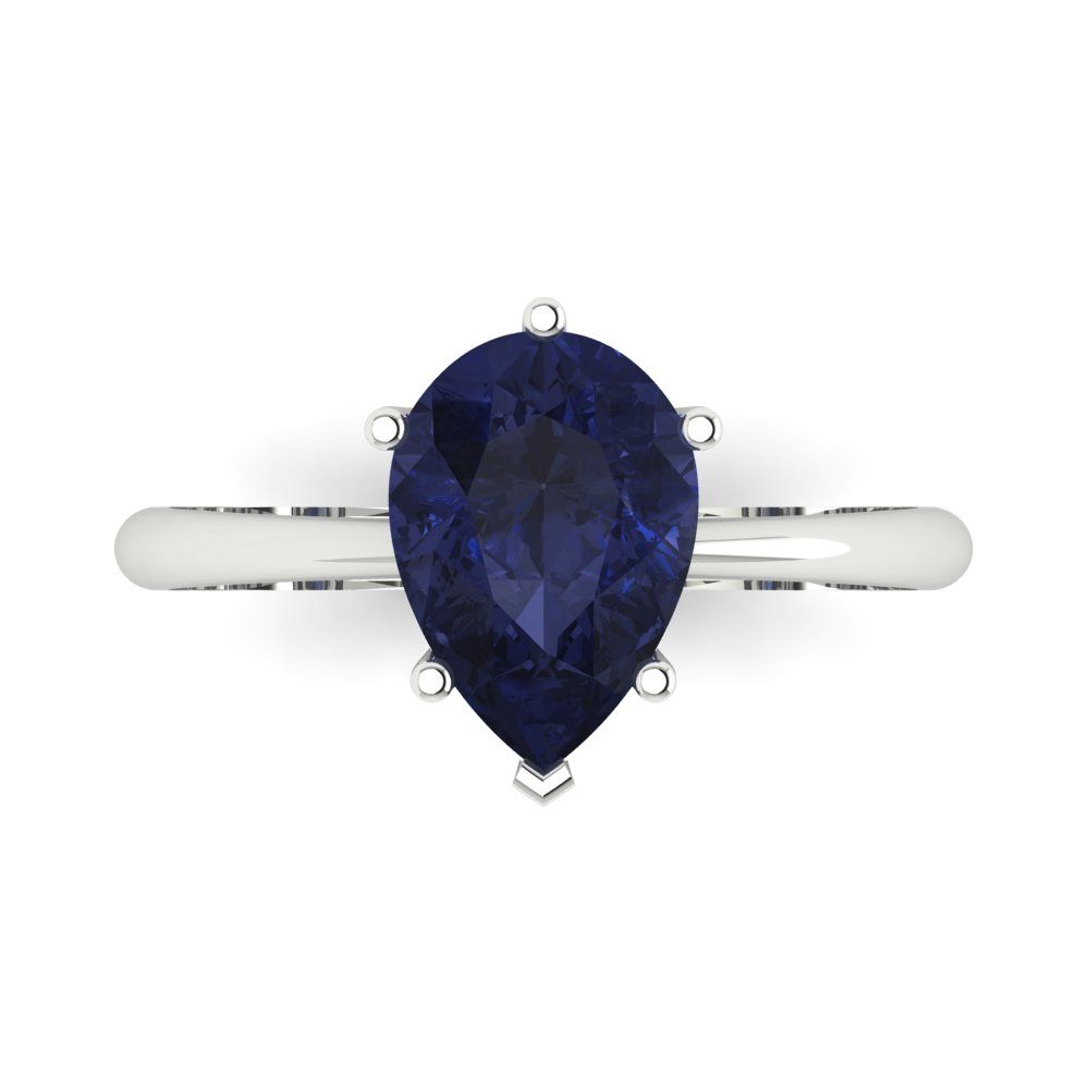 2 cttw Simulated Blue Sapphire Solitaire  Engagement Ring - Solid White Gold (VVS1, Pear Cut,10x7mm)