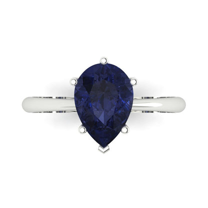 2 cttw Simulated Blue Sapphire Solitaire  Engagement Ring - Solid White Gold (VVS1, Pear Cut,10x7mm)