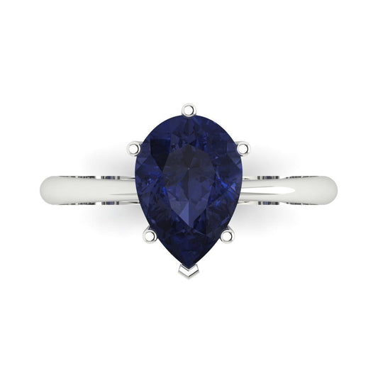 2 cttw Simulated Blue Sapphire Solitaire  Engagement Ring - Solid White Gold (VVS1, Pear Cut,10x7mm)