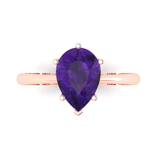 2 cttw Natural Amethyst Solitaire  Engagement Ring - Solid Rose Gold (VVS1, Pear Cut,10x7mm)