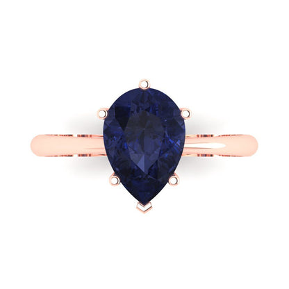 2 cttw Simulated Blue Sapphire Solitaire  Engagement Ring - Solid Gold (Pear Cut,10x7mm)