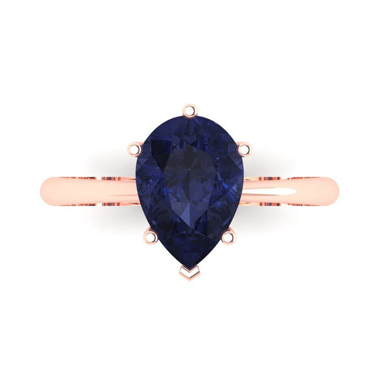 2 cttw Simulated Blue Sapphire Solitaire  Engagement Ring - Solid Rose Gold (VVS1, Pear Cut,10x7mm)