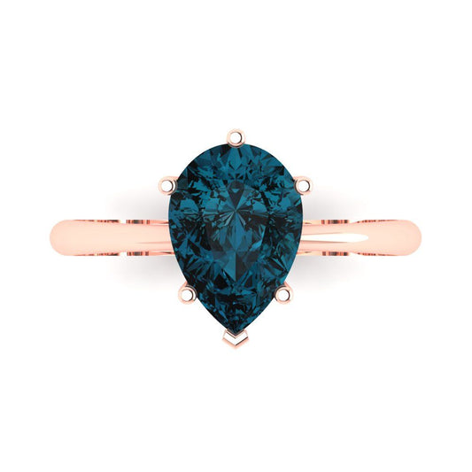 2 cttw Natural London Blue Topaz Solitaire  Engagement Ring - Solid Rose Gold (VVS1, Pear Cut,10x7mm)