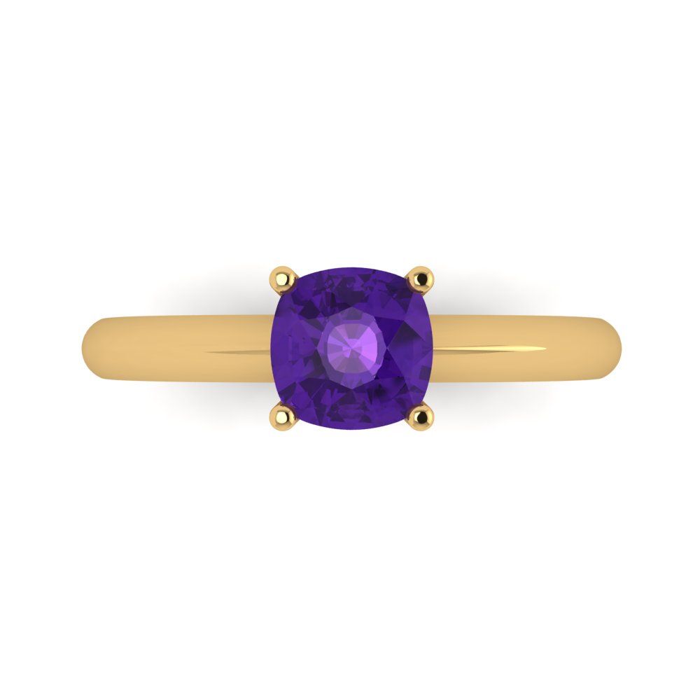 1 cttw Natural Amethyst Solitaire  Engagement Ring - Solid Yellow Gold (VVS1, Cushion Cut,6mm)