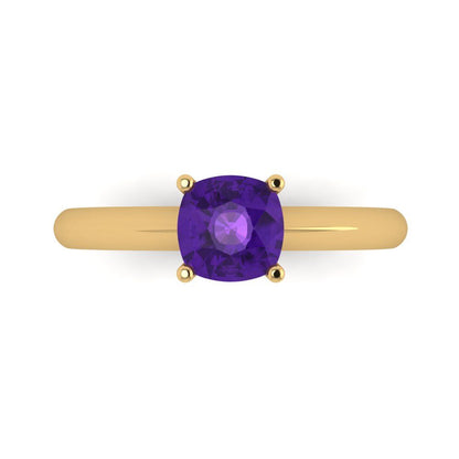 1 cttw Natural Amethyst Solitaire  Engagement Ring - Solid Yellow Gold (VVS1, Cushion Cut,6mm)