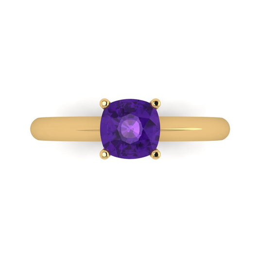 1 cttw Natural Amethyst Solitaire  Engagement Ring - Solid Yellow Gold (VVS1, Cushion Cut,6mm)