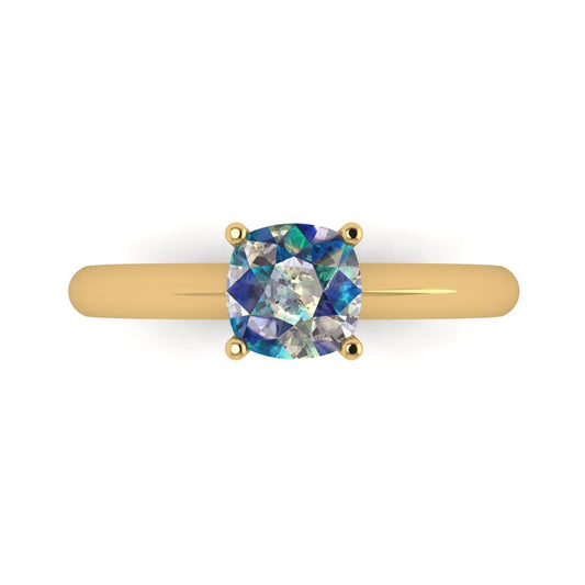 1 cttw Blue Moissanite Solitaire  Engagement Ring - Solid Yellow Gold (VVS1, Cushion Cut,6mm)