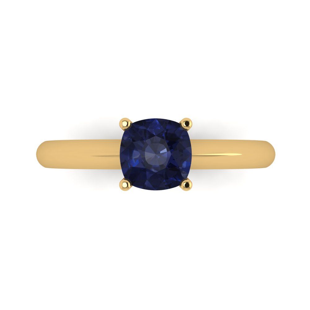 1 cttw Simulated Blue Sapphire Solitaire  Engagement Ring - Solid Yellow Gold (VVS1, Cushion Cut,6mm)