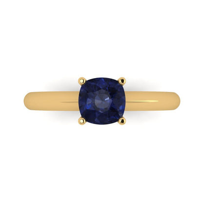 1 cttw Simulated Blue Sapphire Solitaire  Engagement Ring - Solid Yellow Gold (VVS1, Cushion Cut,6mm)