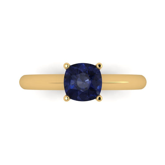 1 cttw Simulated Blue Sapphire Solitaire  Engagement Ring - Solid Yellow Gold (VVS1, Cushion Cut,6mm)