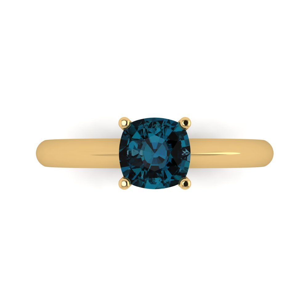 1 cttw Natural London Blue Topaz Solitaire  Engagement Ring - Solid Yellow Gold (VVS1, Cushion Cut,6mm)