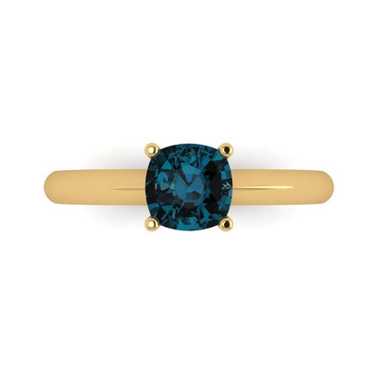 1 cttw Natural London Blue Topaz Solitaire  Engagement Ring - Solid Yellow Gold (VVS1, Cushion Cut,6mm)