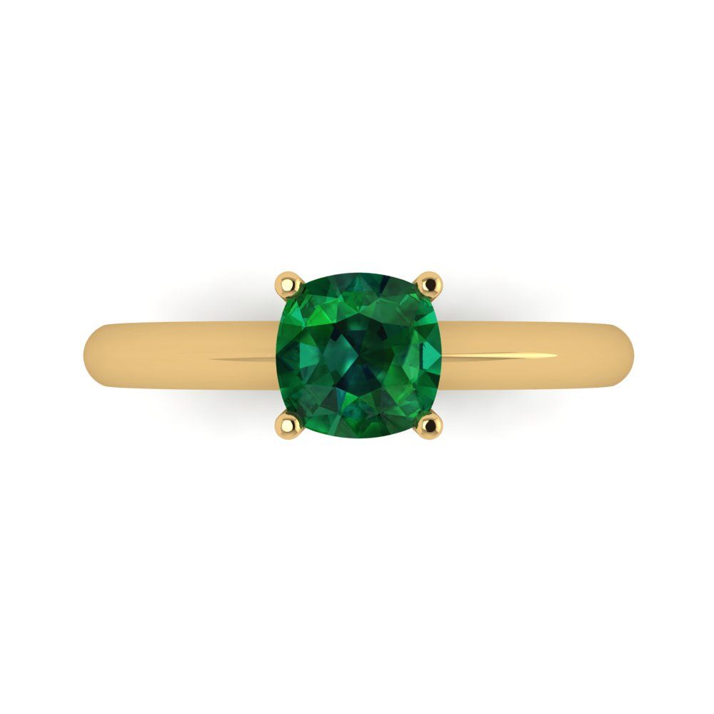 1 cttw Simulated Emerald Solitaire  Engagement Ring - Solid Yellow Gold (VVS1, Cushion Cut,6mm)