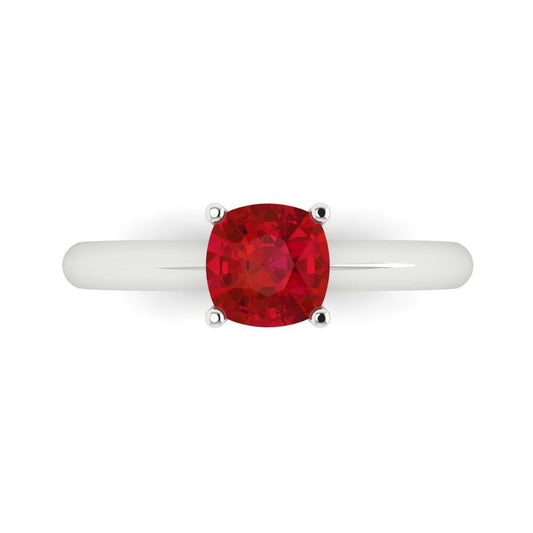 1 cttw Simulated Ruby Solitaire  Engagement Ring - Solid White Gold (VVS1, Cushion Cut,6mm)
