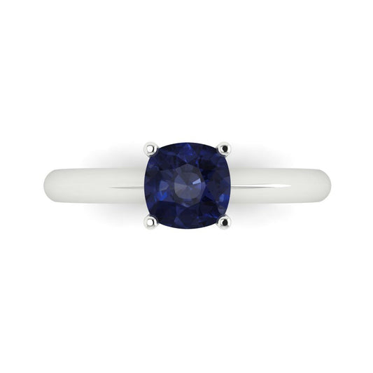 1 cttw Simulated Blue Sapphire Solitaire  Engagement Ring - Solid White Gold (VVS1, Cushion Cut,6mm)