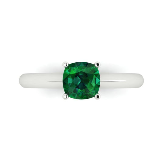 1 cttw Simulated Emerald Solitaire  Engagement Ring - Solid White Gold (VVS1, Cushion Cut,6mm)