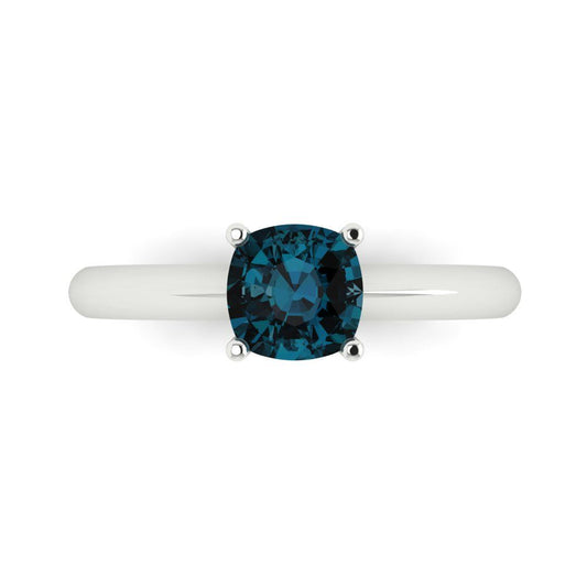 1 cttw Natural London Blue Topaz Solitaire  Engagement Ring - Solid White Gold (VVS1, Cushion Cut,6mm)