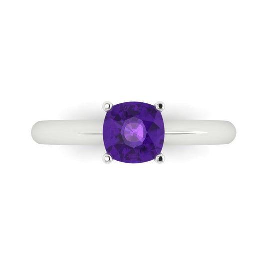 1 cttw Natural Amethyst Solitaire  Engagement Ring - Solid White Gold (VVS1, Cushion Cut,6mm)