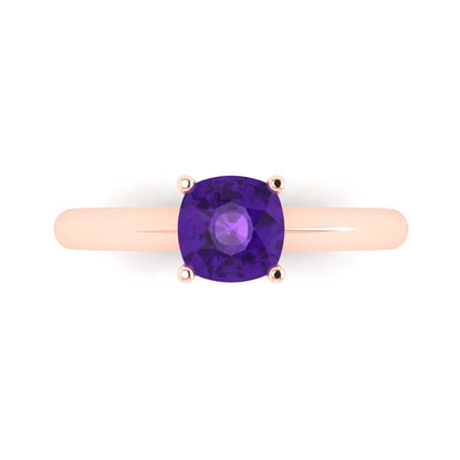 1 cttw Natural Amethyst Solitaire  Engagement Ring - Solid Rose Gold (VVS1, Cushion Cut,6mm)