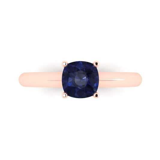 1 cttw Simulated Blue Sapphire Solitaire  Engagement Ring - Solid Rose Gold (VVS1, Cushion Cut,6mm)